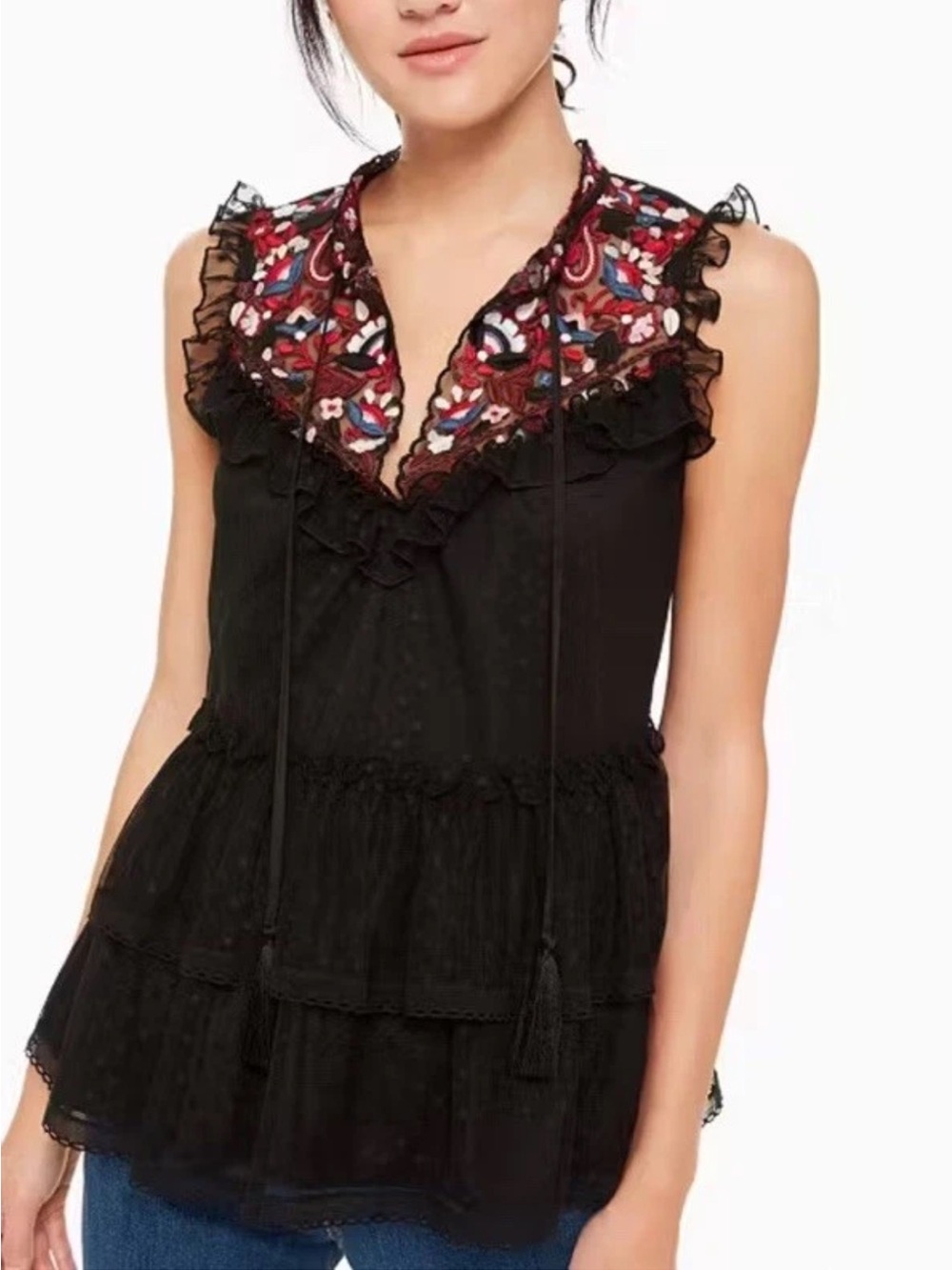 Kate Spade New York Boho Embroidered Swiss Dot Ruffle Peplum Top Tassels M